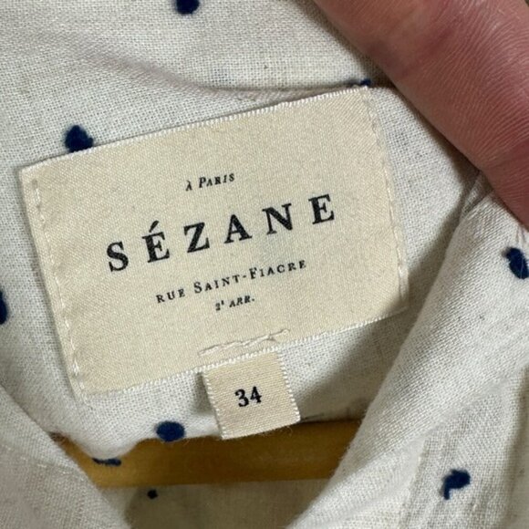 Sezane Linen Ramie Tomboy Shirt Ecru Blue Dot Print Size 34 French US 2 Button - Picture 5 of 15